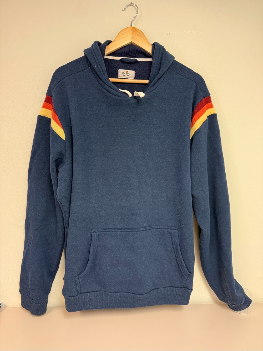 Marine Layer Navy Hooded Sweatshirt with Red and Yellow Shoulder Stripes